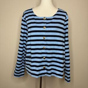 TALBOTS PLUS Cropped‎ Jacket 2X Striped Blue & Navy Pockets Cotton Knit Nautical